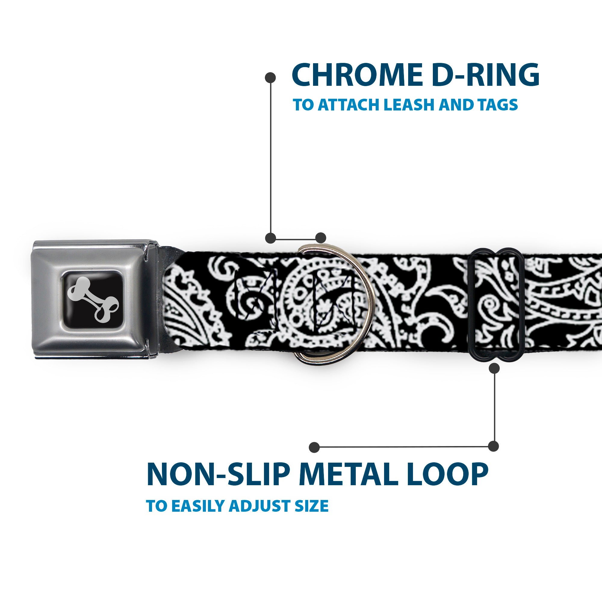 Dog Bone Seatbelt Buckle Collar - Bandana/Skulls Black/White