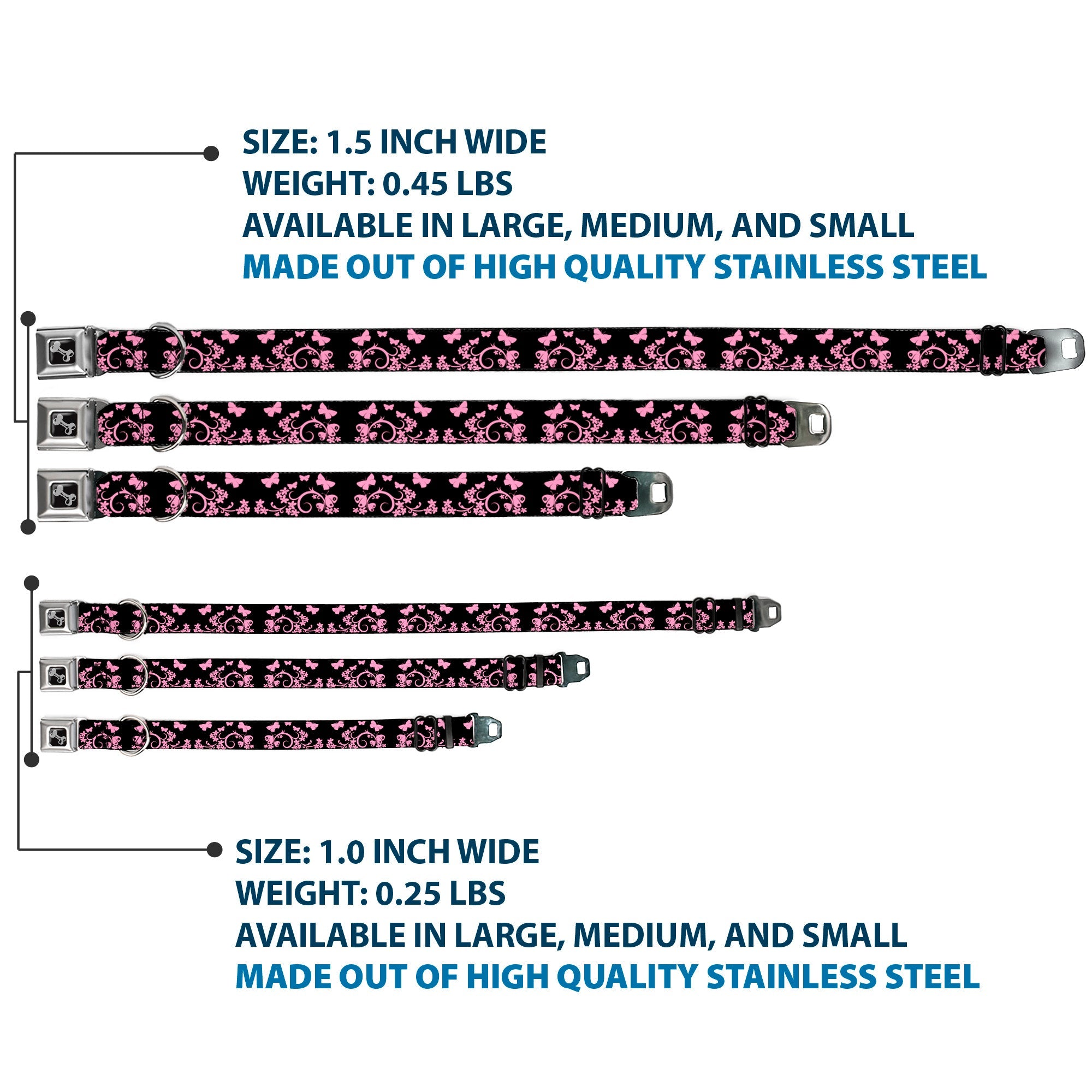 Dog Bone Seatbelt Buckle Collar - Butterfly Garden Black/Pink