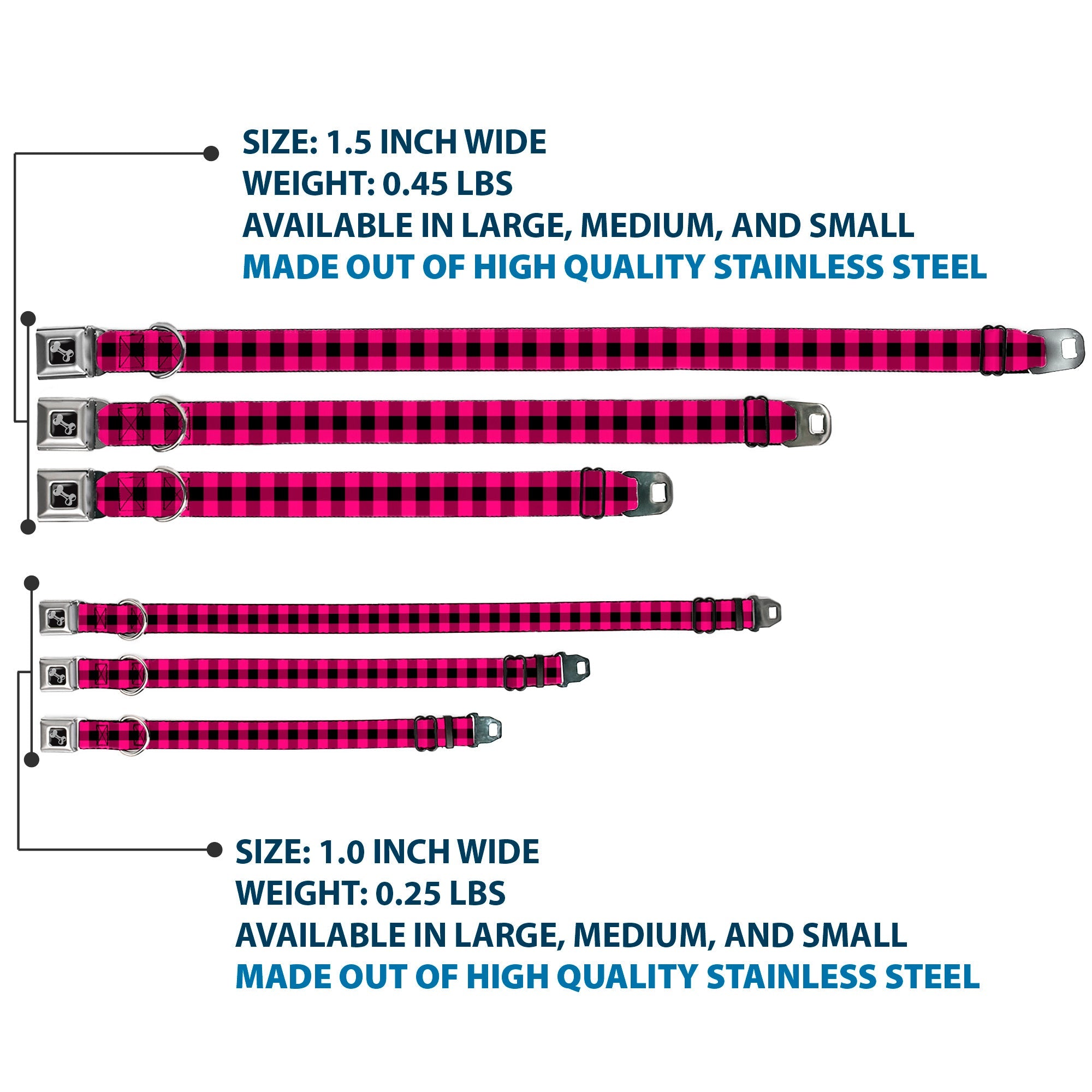 Dog Bone Seatbelt Buckle Collar - Buffalo Plaid Black/Fuchsia