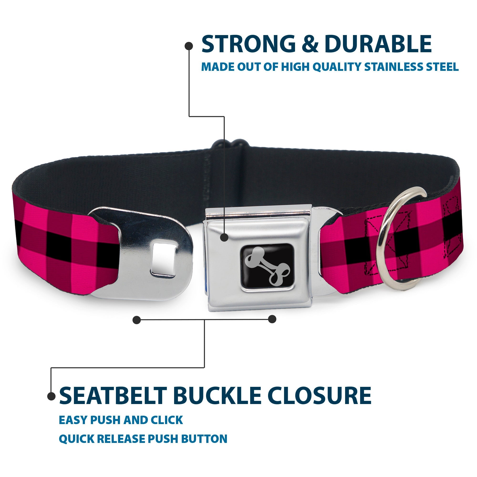 Dog Bone Seatbelt Buckle Collar - Buffalo Plaid Black/Fuchsia