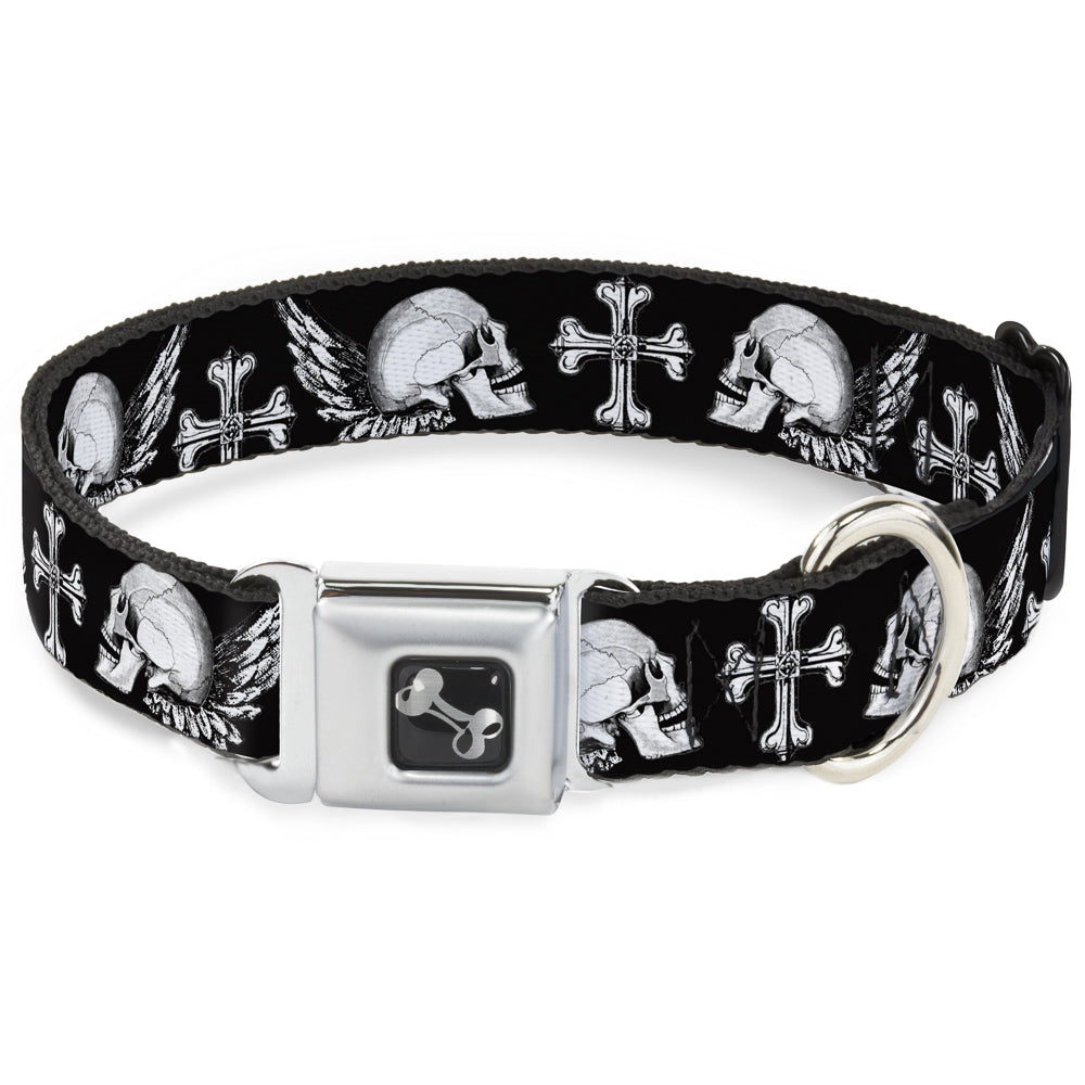 Dog Bone Seatbelt Buckle Collar - BD Skulls w/Wings Black/White