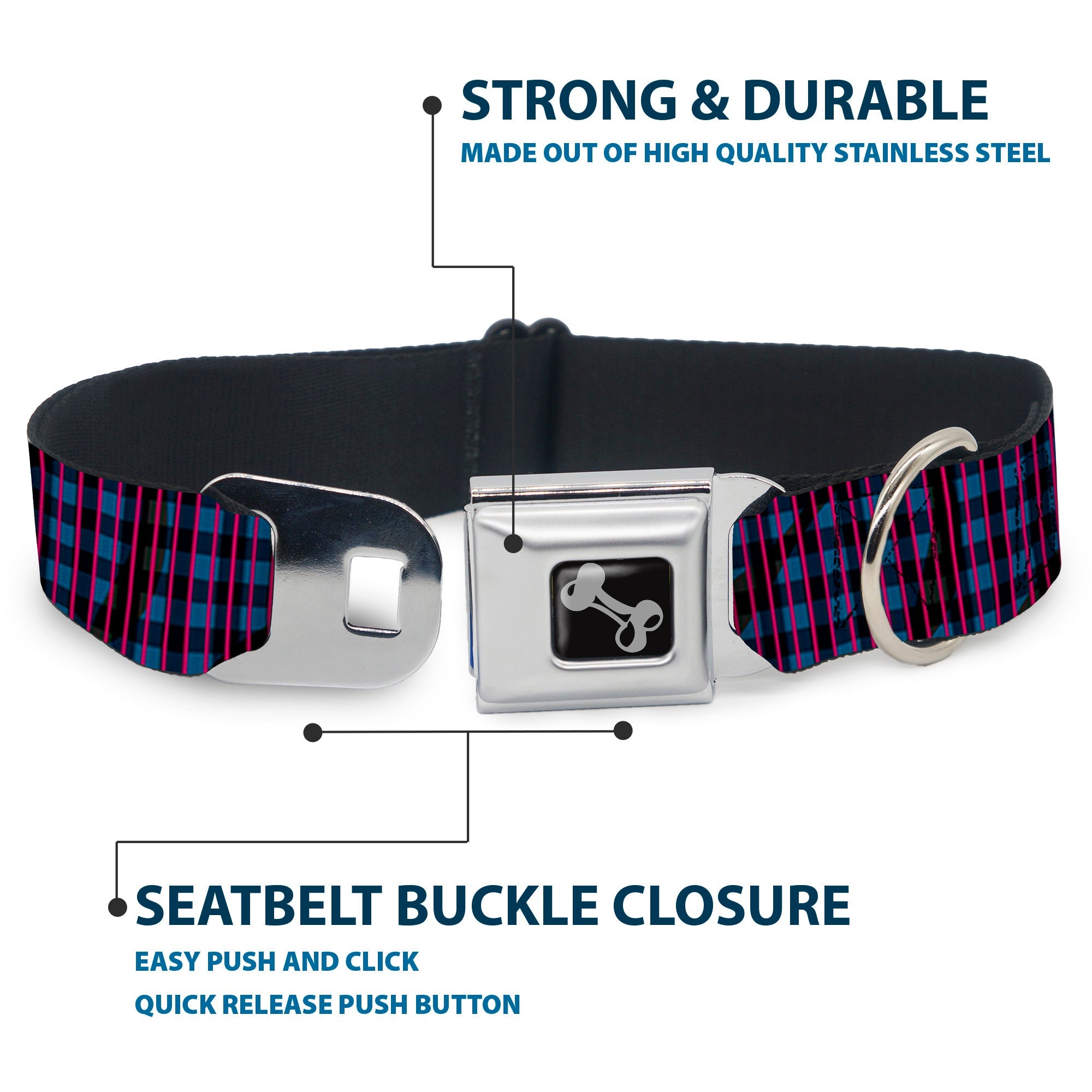 Dog Bone Seatbelt Buckle Collar - Buffalo Plaid Abstract White/Black/Turquoise
