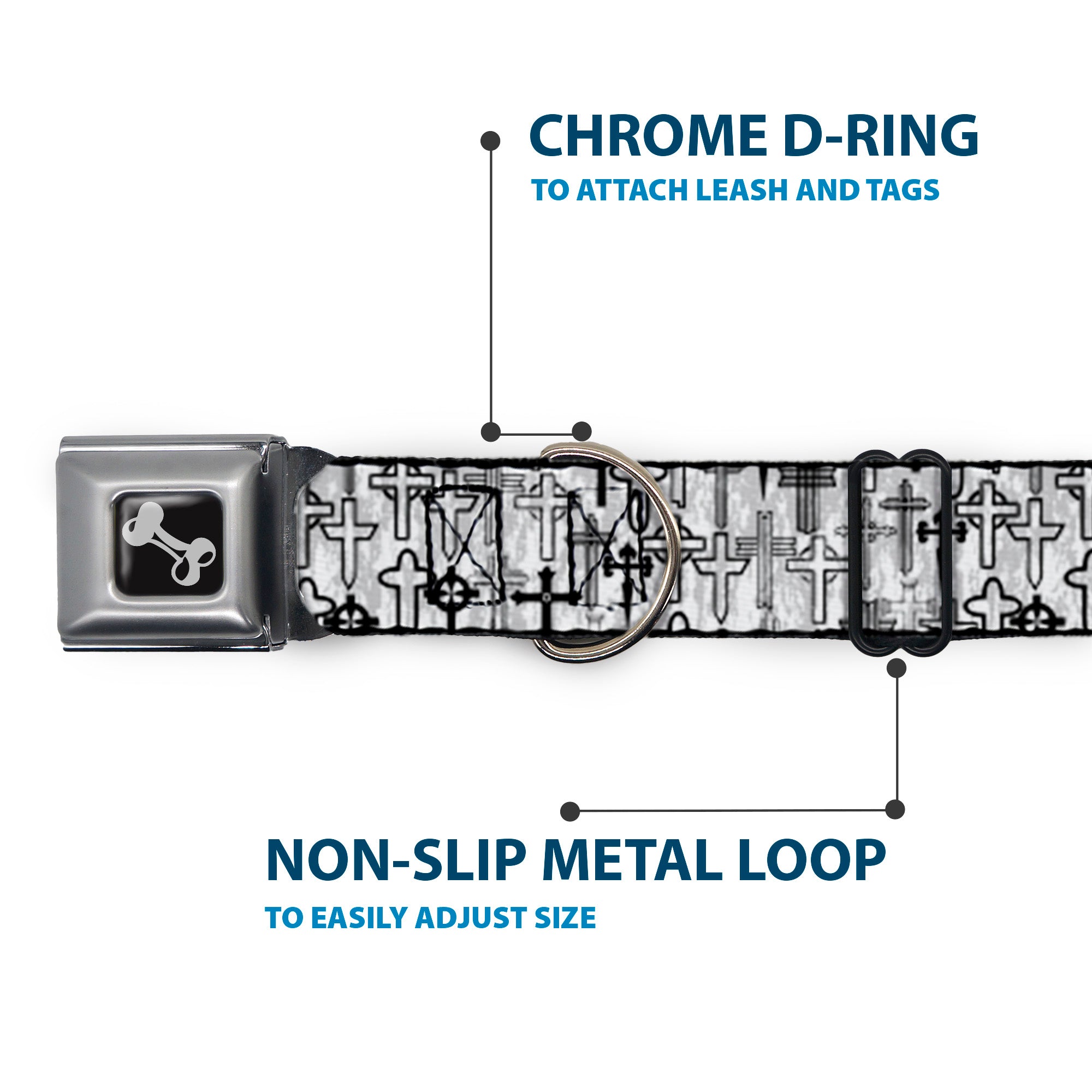 Dog Bone Seatbelt Buckle Collar - Crosses Assorted Distressed White/Black