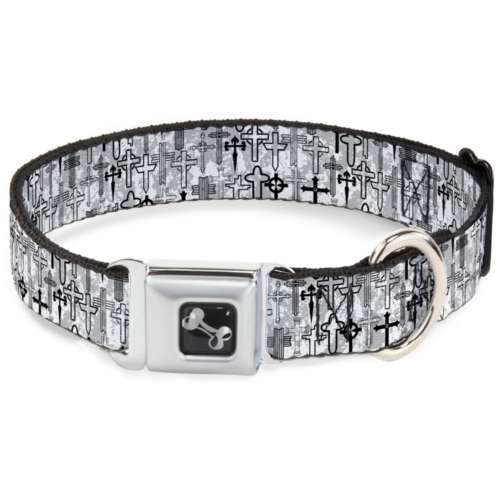 Dog Bone Seatbelt Buckle Collar - Crosses Assorted Distressed White/Black