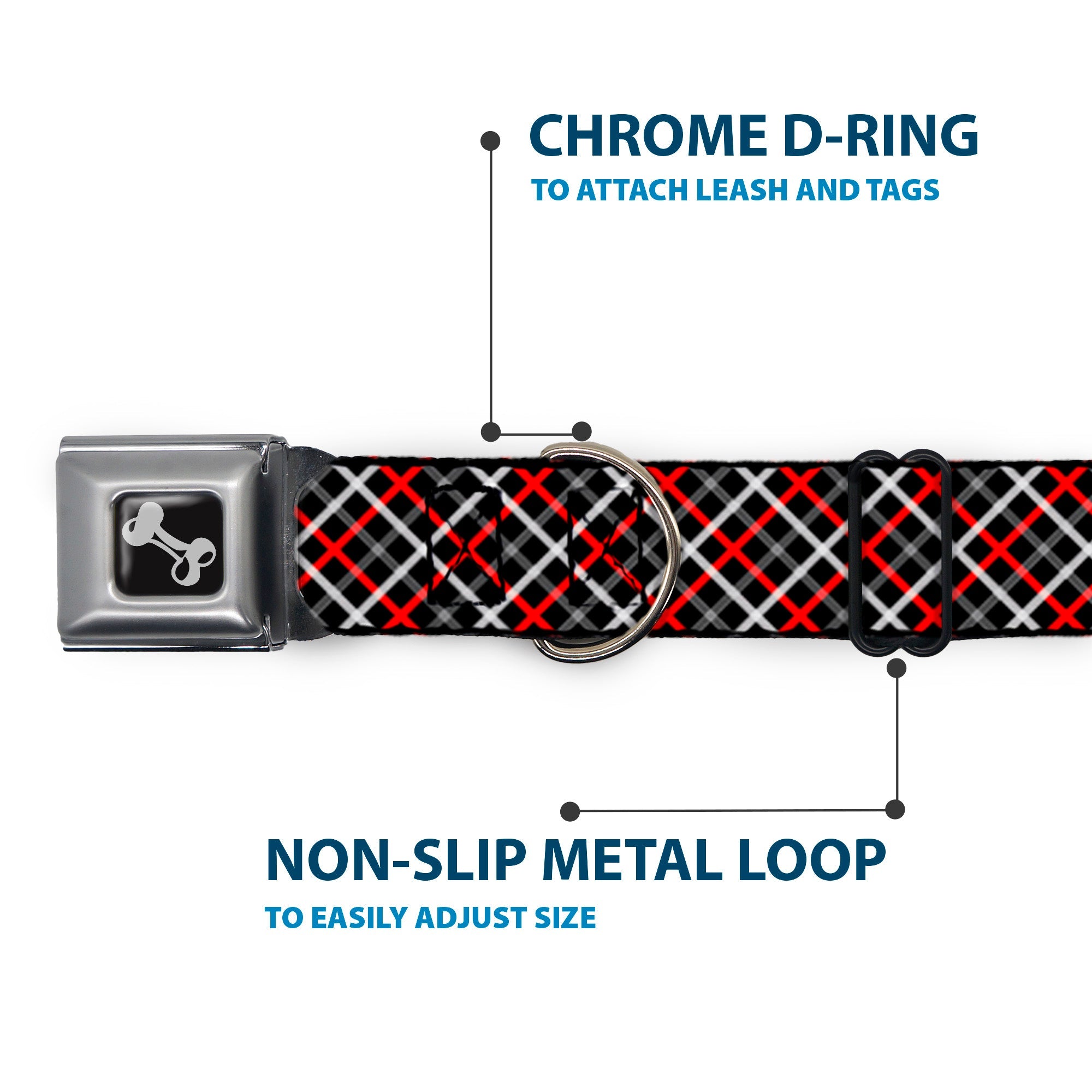 Dog Bone Seatbelt Buckle Collar - Criss Cross Plaid Black/Gray/Red