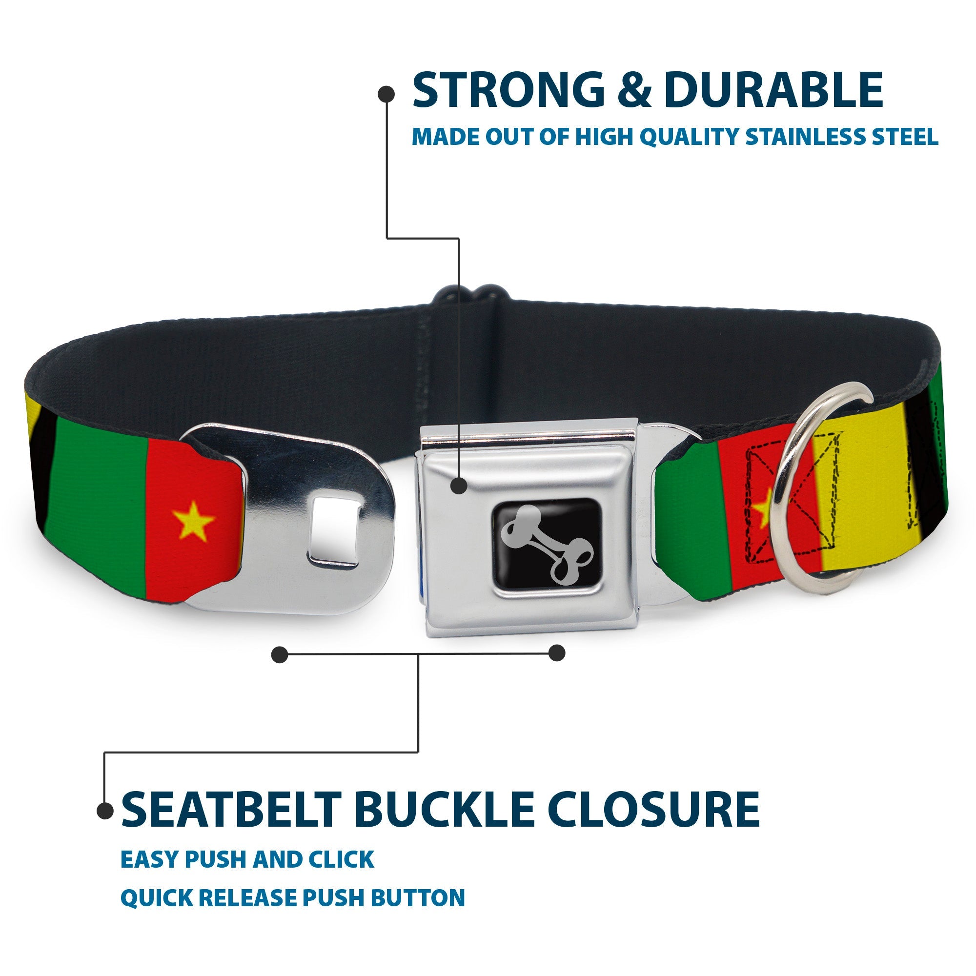 Dog Bone Seatbelt Buckle Collar - Cameroon Flags