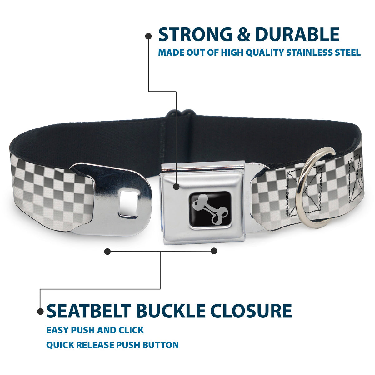 Dog Bone Seatbelt Buckle Collar - Checker Black/White Fade Out
