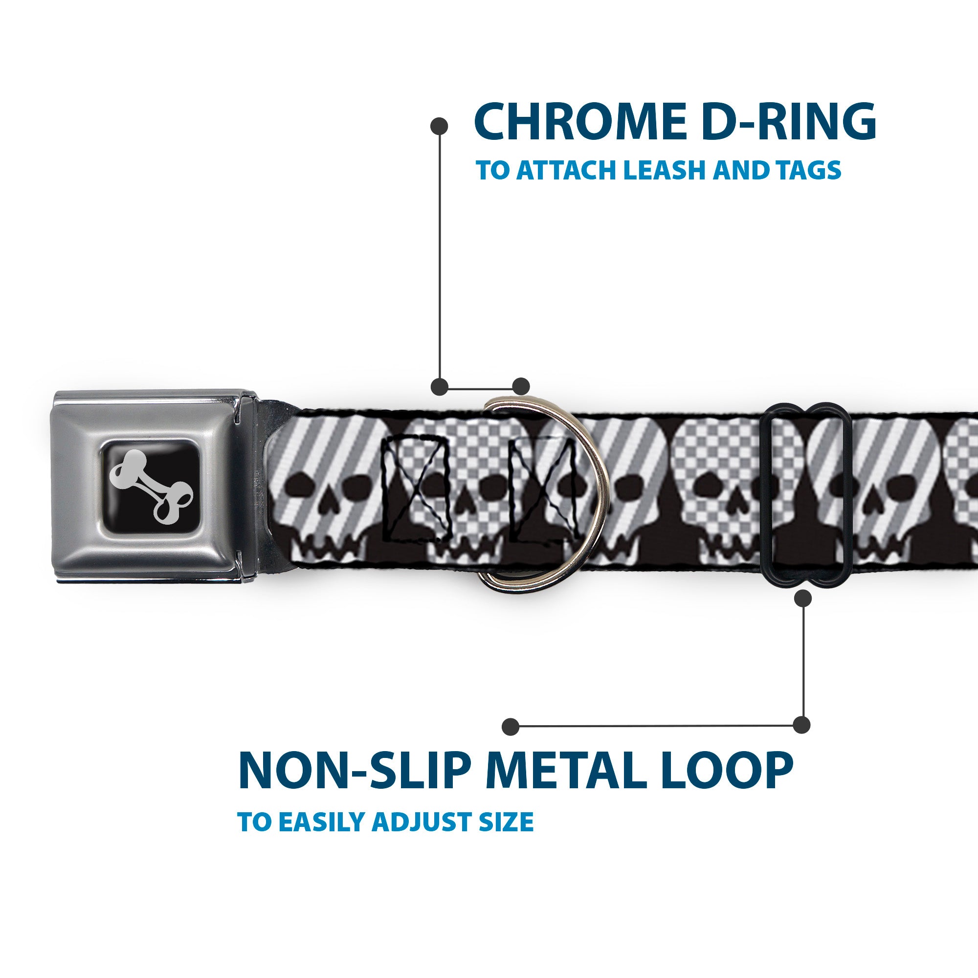 Dog Bone Seatbelt Buckle Collar - Checker & Stripe Skulls Black/White/Gray