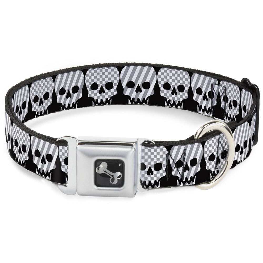 Dog Bone Seatbelt Buckle Collar - Checker & Stripe Skulls Black/White/Gray
