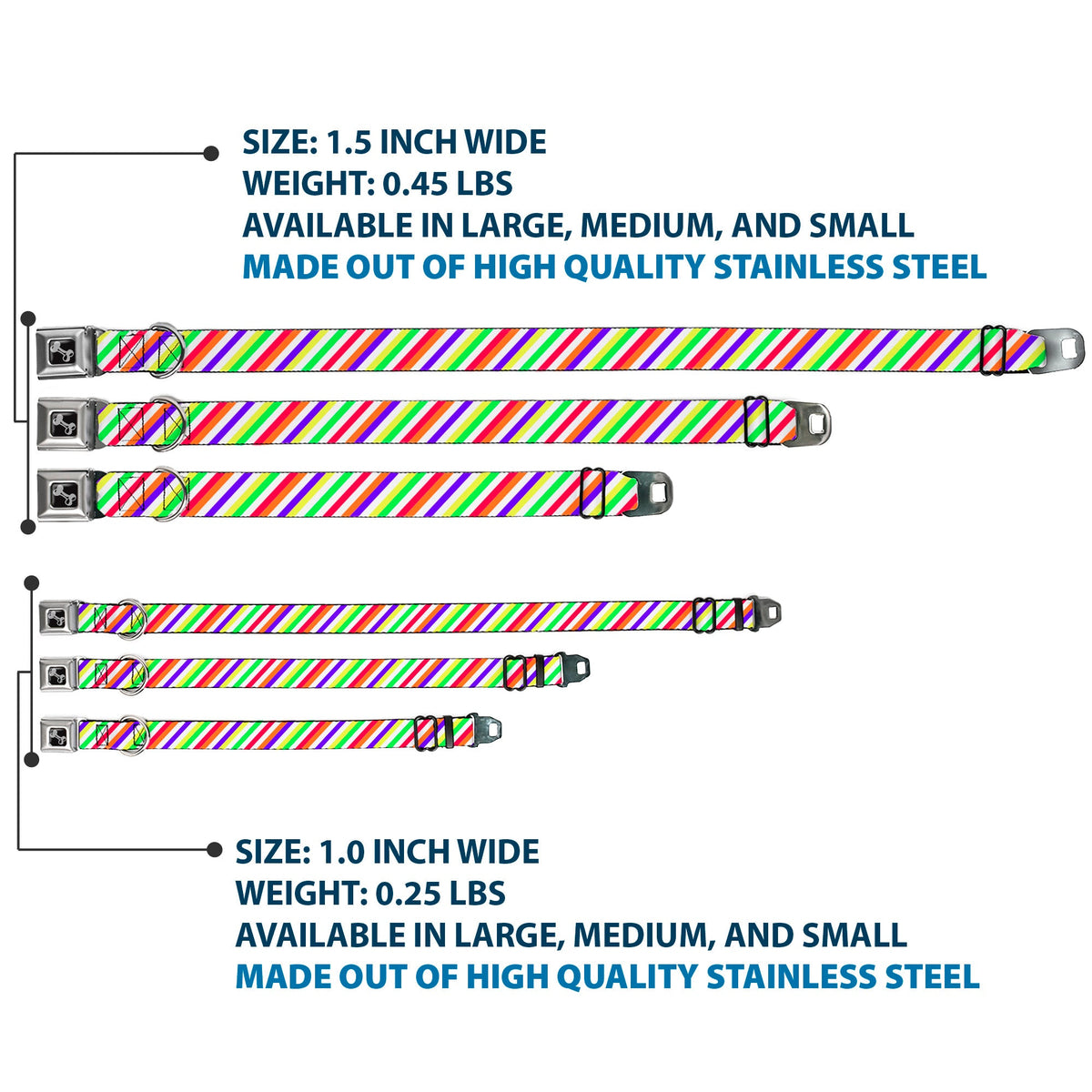 Dog Bone Seatbelt Buckle Collar - Diagonal Stripes White/Multi Neon