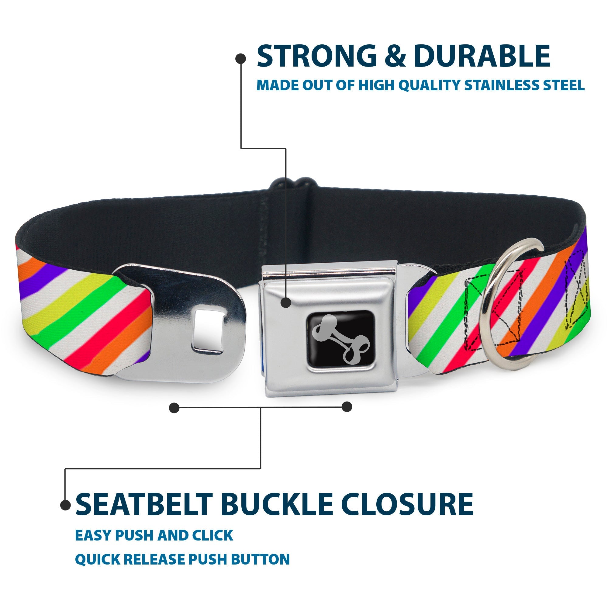 Dog Bone Seatbelt Buckle Collar - Diagonal Stripes White/Multi Neon
