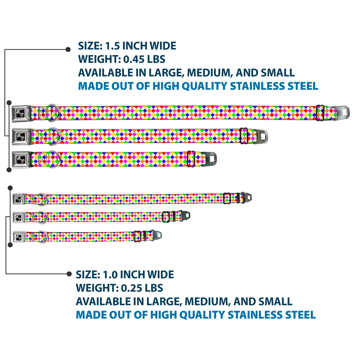 Dog Bone Seatbelt Buckle Collar - Diamonds White/Multi Neon