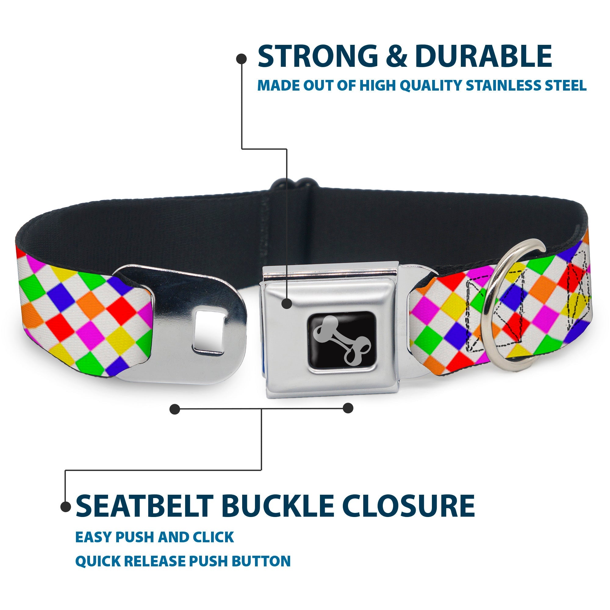 Dog Bone Seatbelt Buckle Collar - Diamonds White/Multi Neon