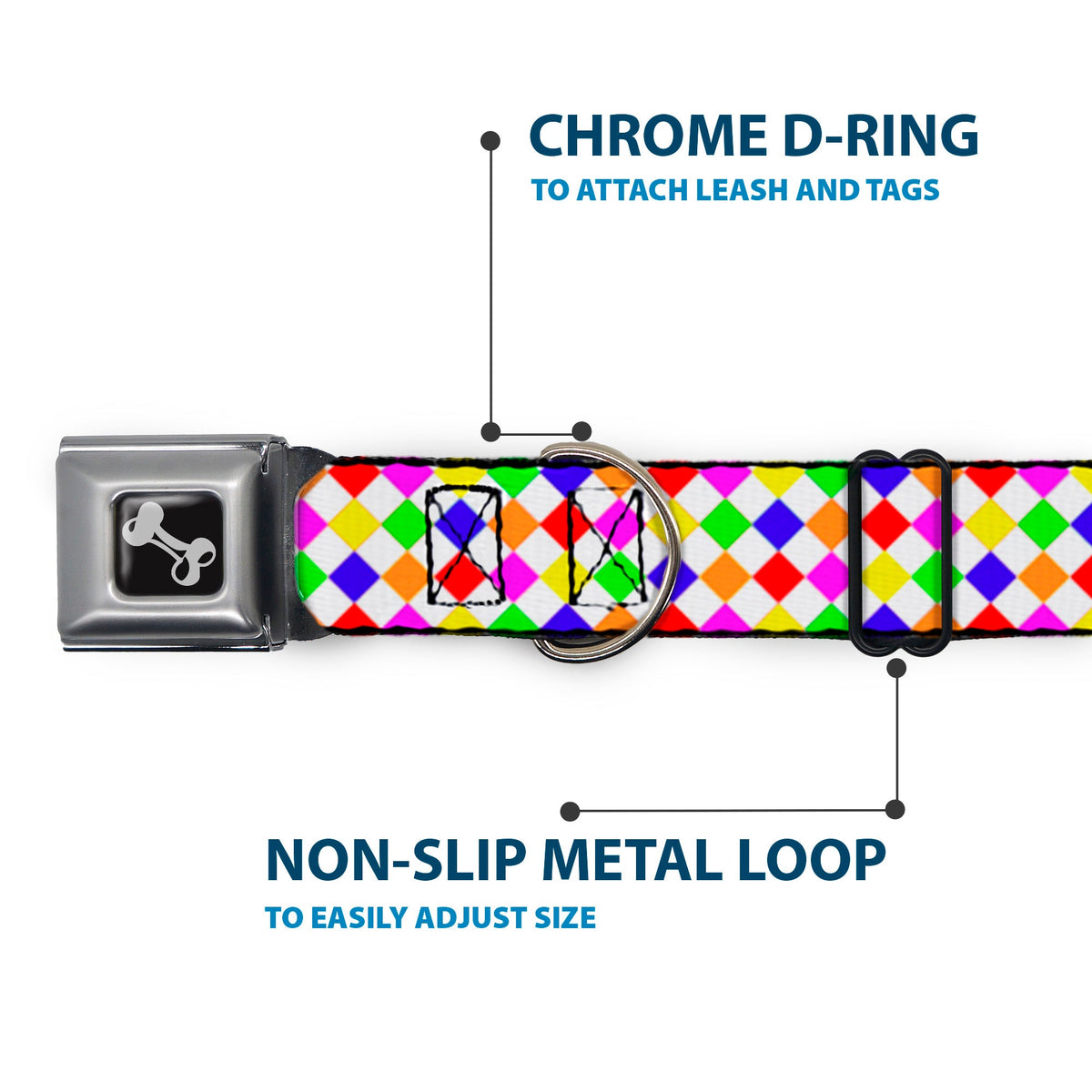Dog Bone Seatbelt Buckle Collar - Diamonds White/Multi Neon