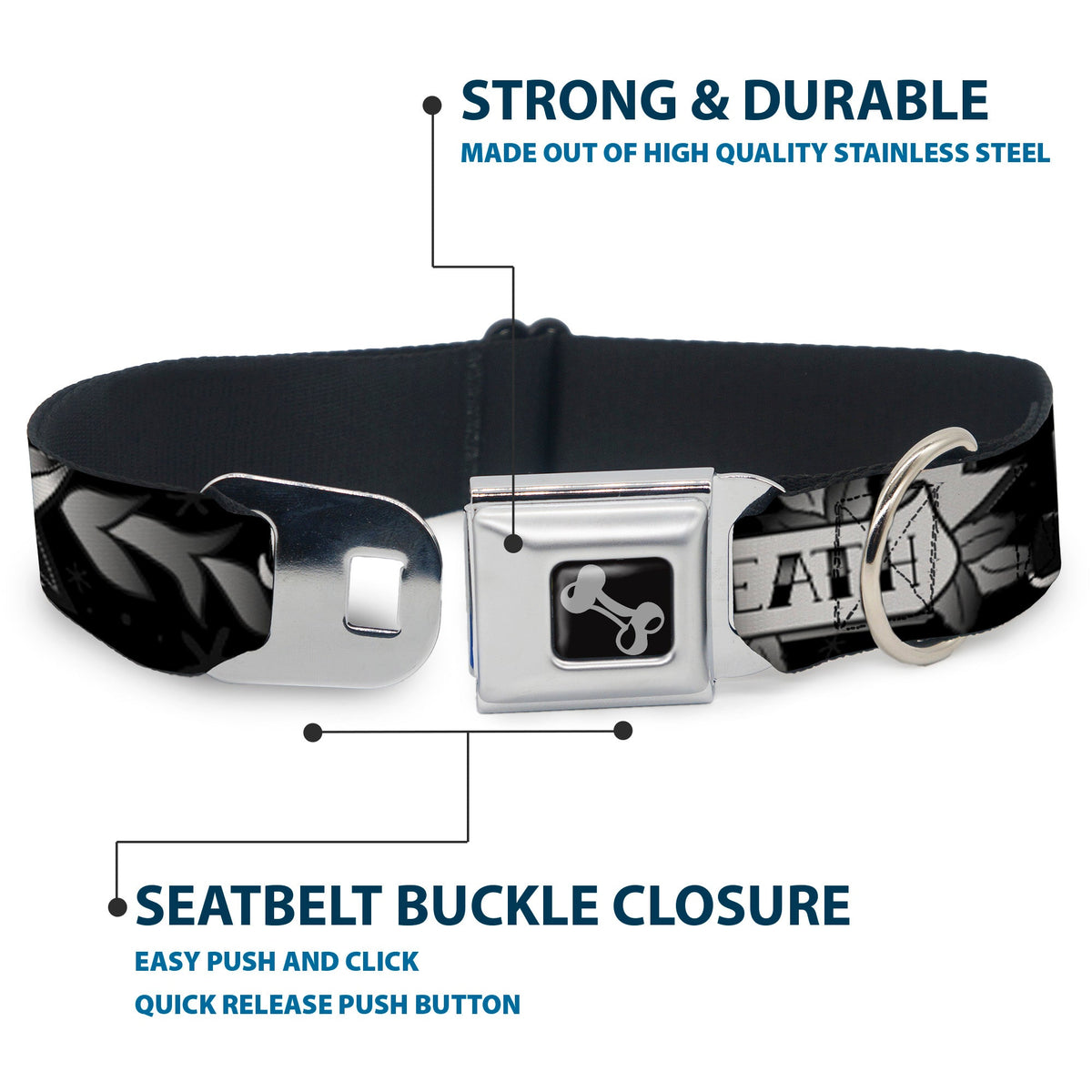 Dog Bone Seatbelt Buckle Collar - Death or Glory Black/White
