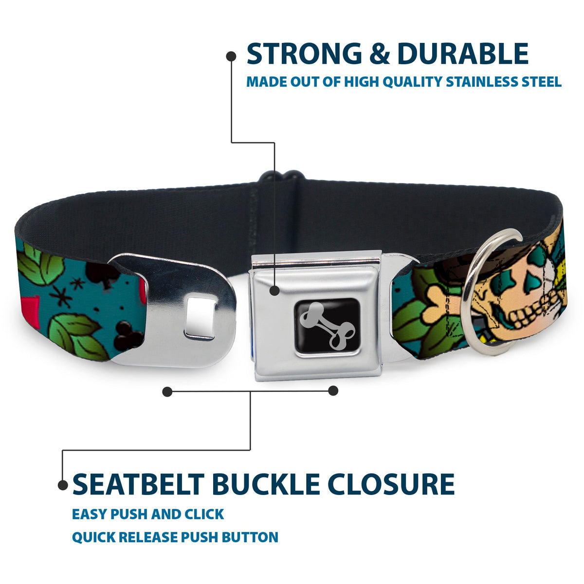 Dog Bone Seatbelt Buckle Collar - Death or Glory CLOSE-UP Gray