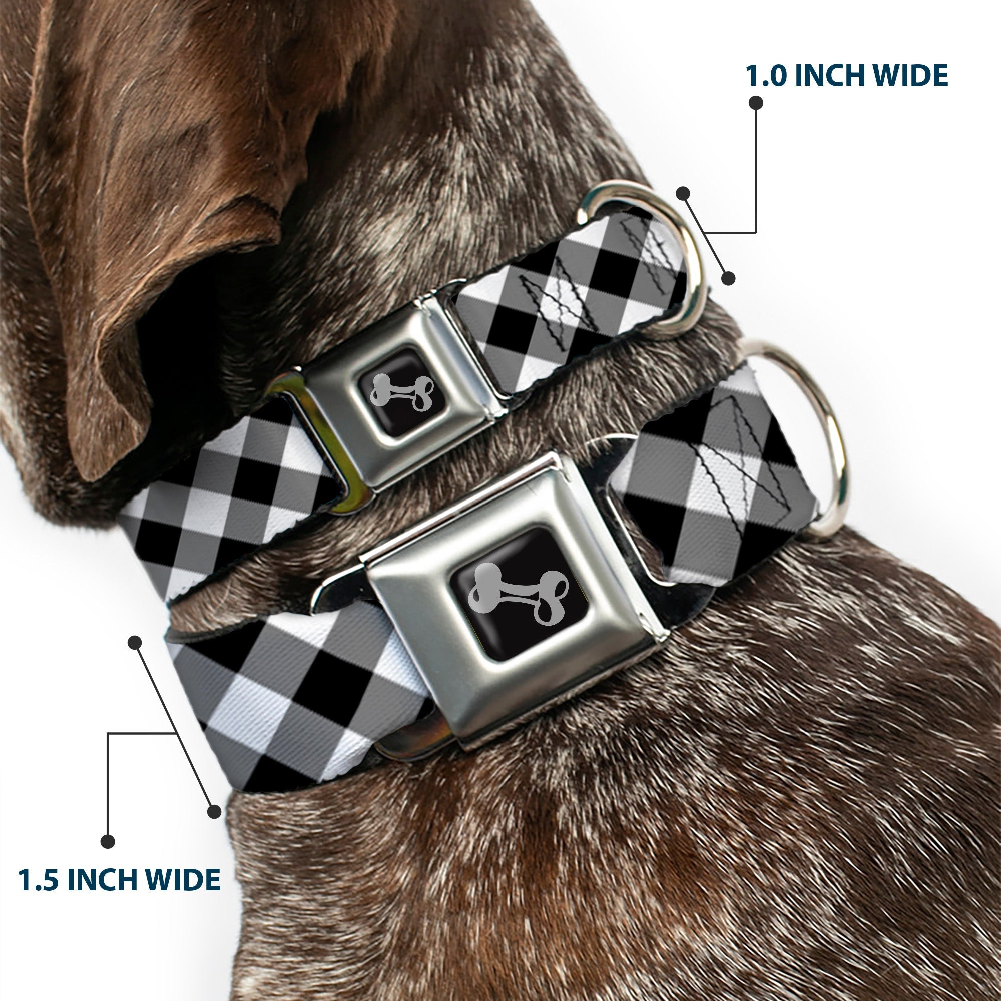 Dog Bone Seatbelt Buckle Collar - Diagonal Buffalo Plaid Black/White