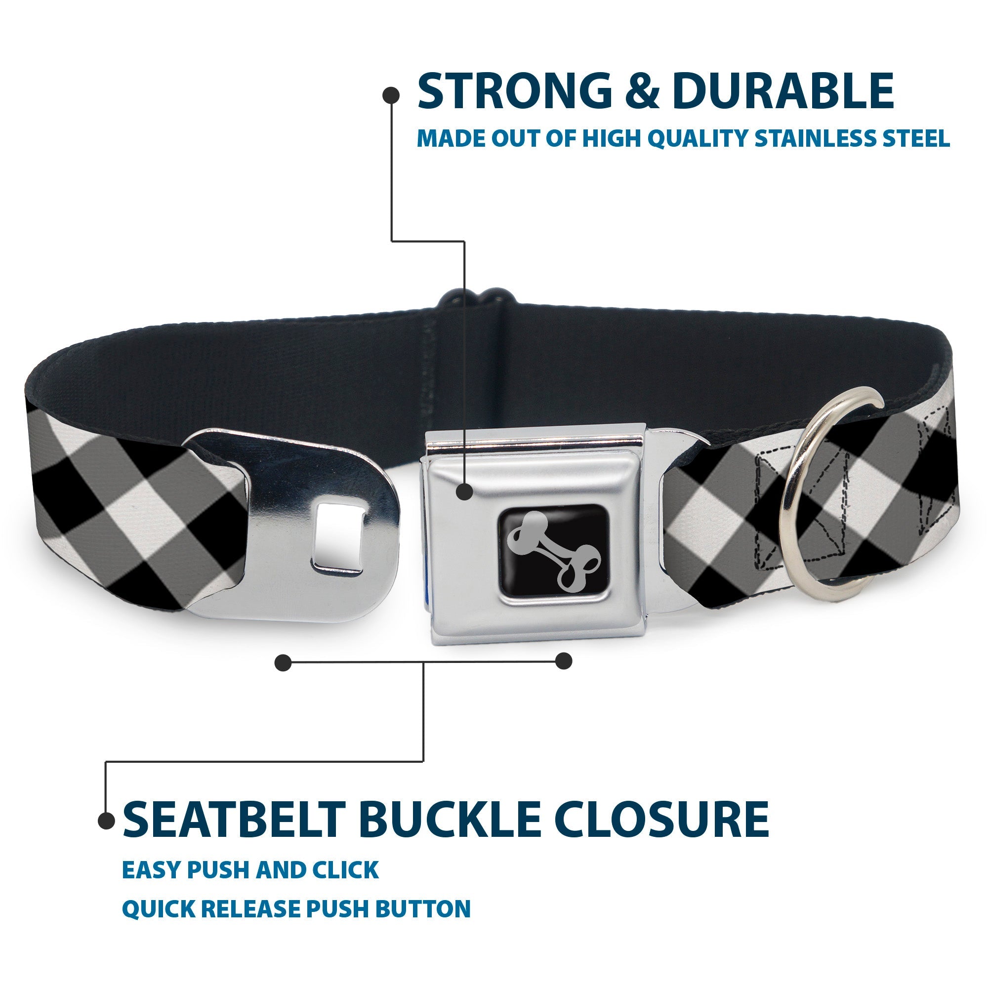 Dog Bone Seatbelt Buckle Collar - Diagonal Buffalo Plaid Black/White