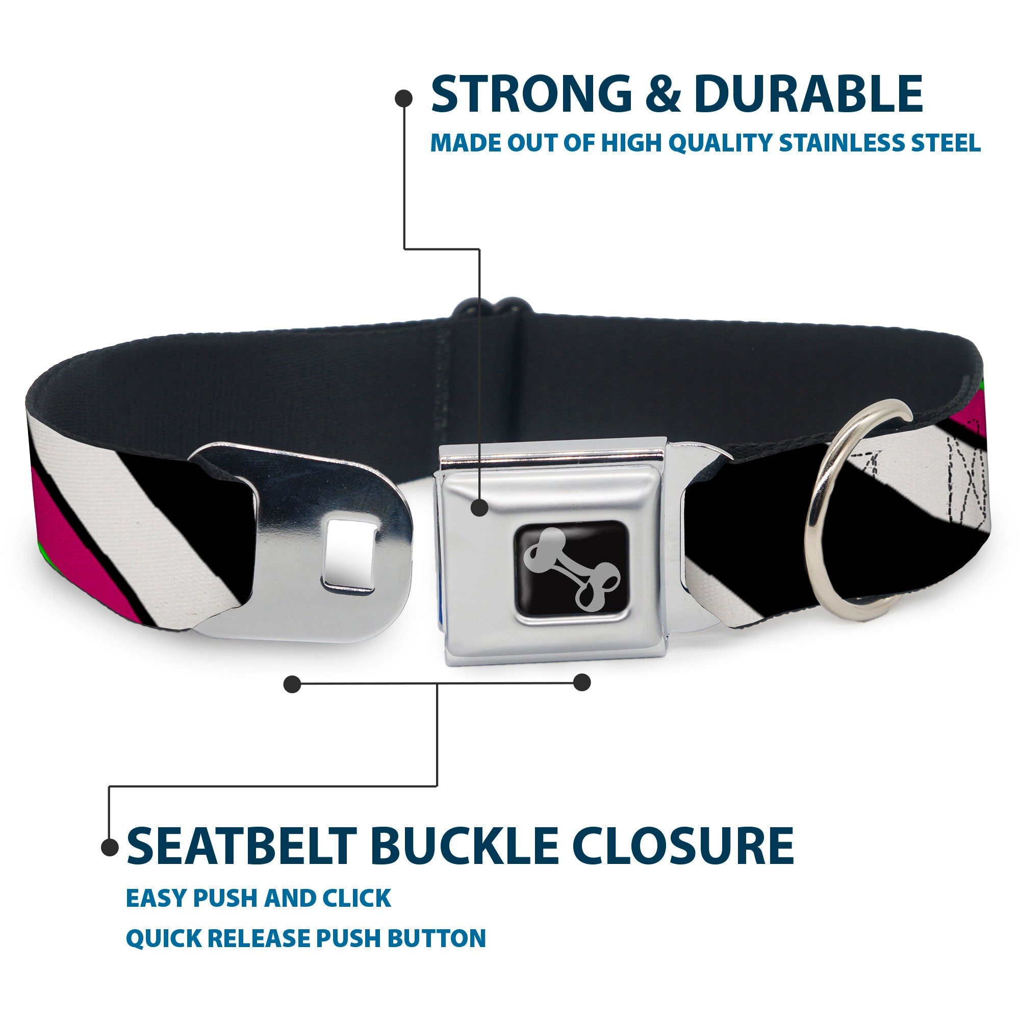 Dog Bone Seatbelt Buckle Collar - Diagonal Stripes Black/White/Pink/Green