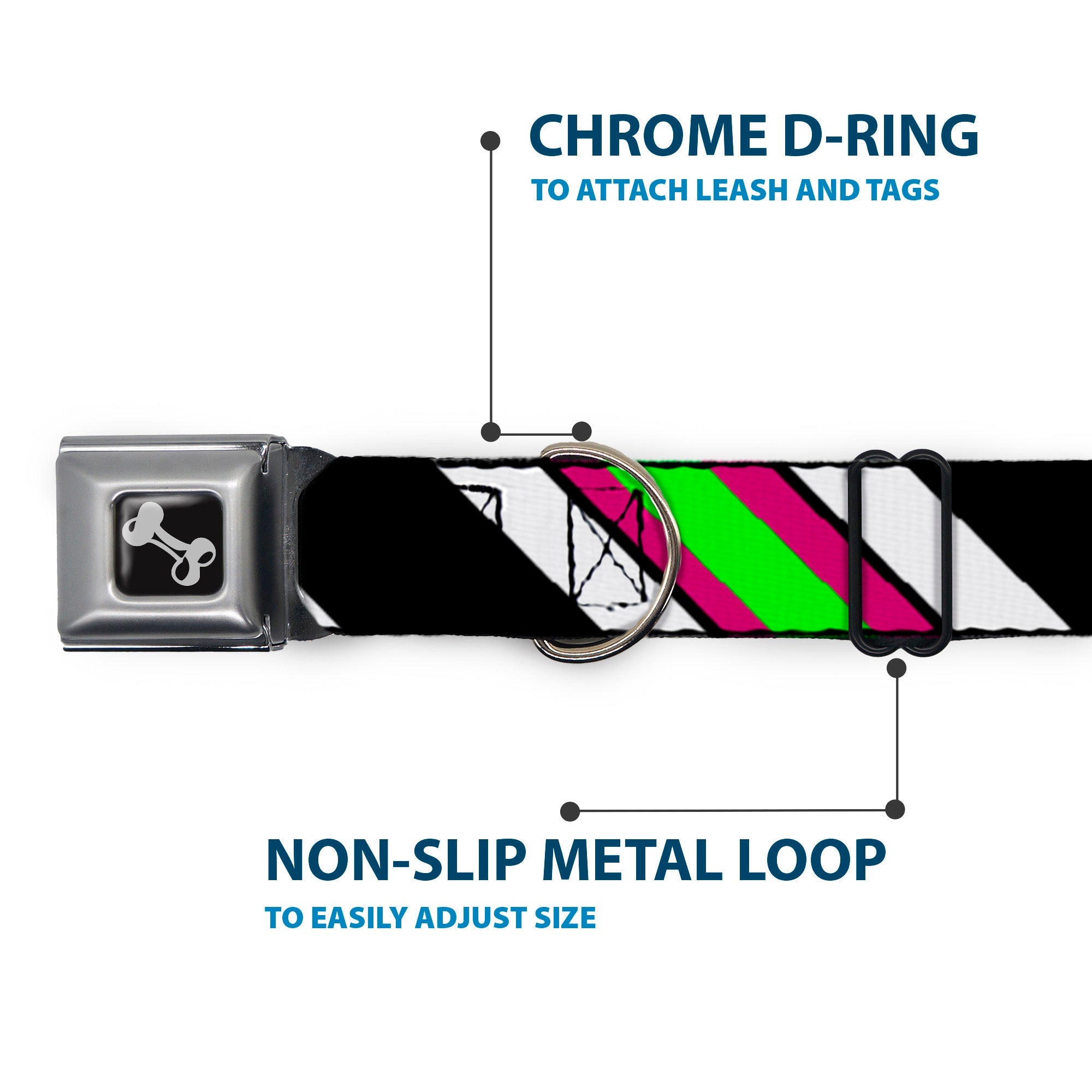 Dog Bone Seatbelt Buckle Collar - Diagonal Stripes Black/White/Pink/Green