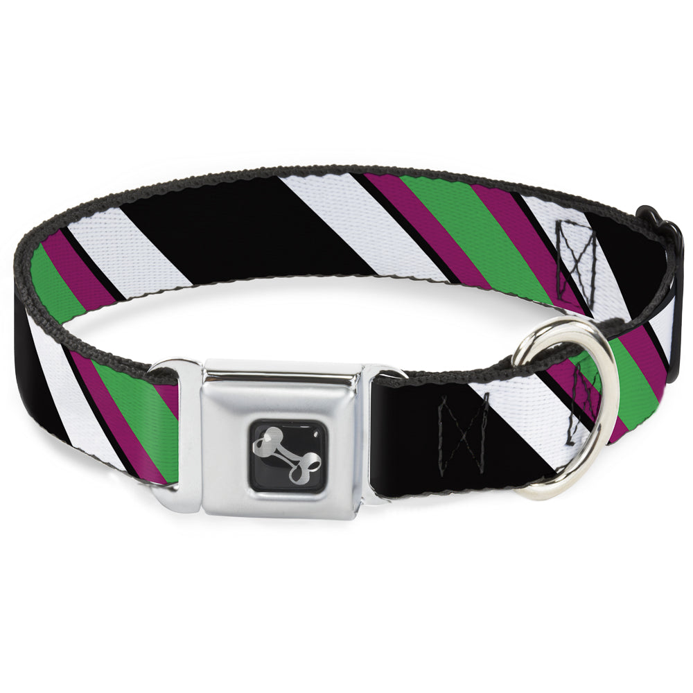 Dog Bone Seatbelt Buckle Collar - Diagonal Stripes Black/White/Pink/Green