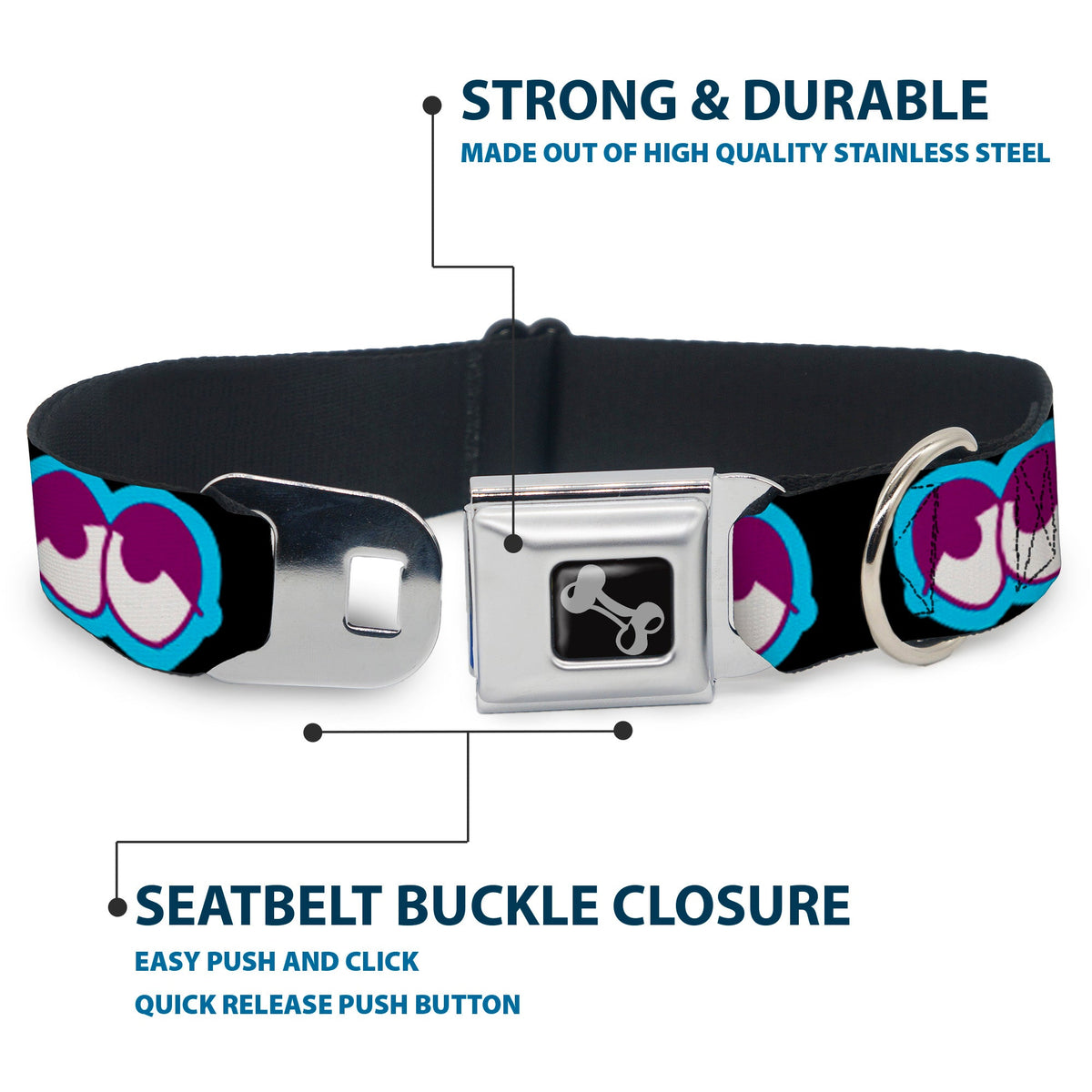 Dog Bone Seatbelt Buckle Collar - Dopey Eyes Black/Baby Blue/Purple