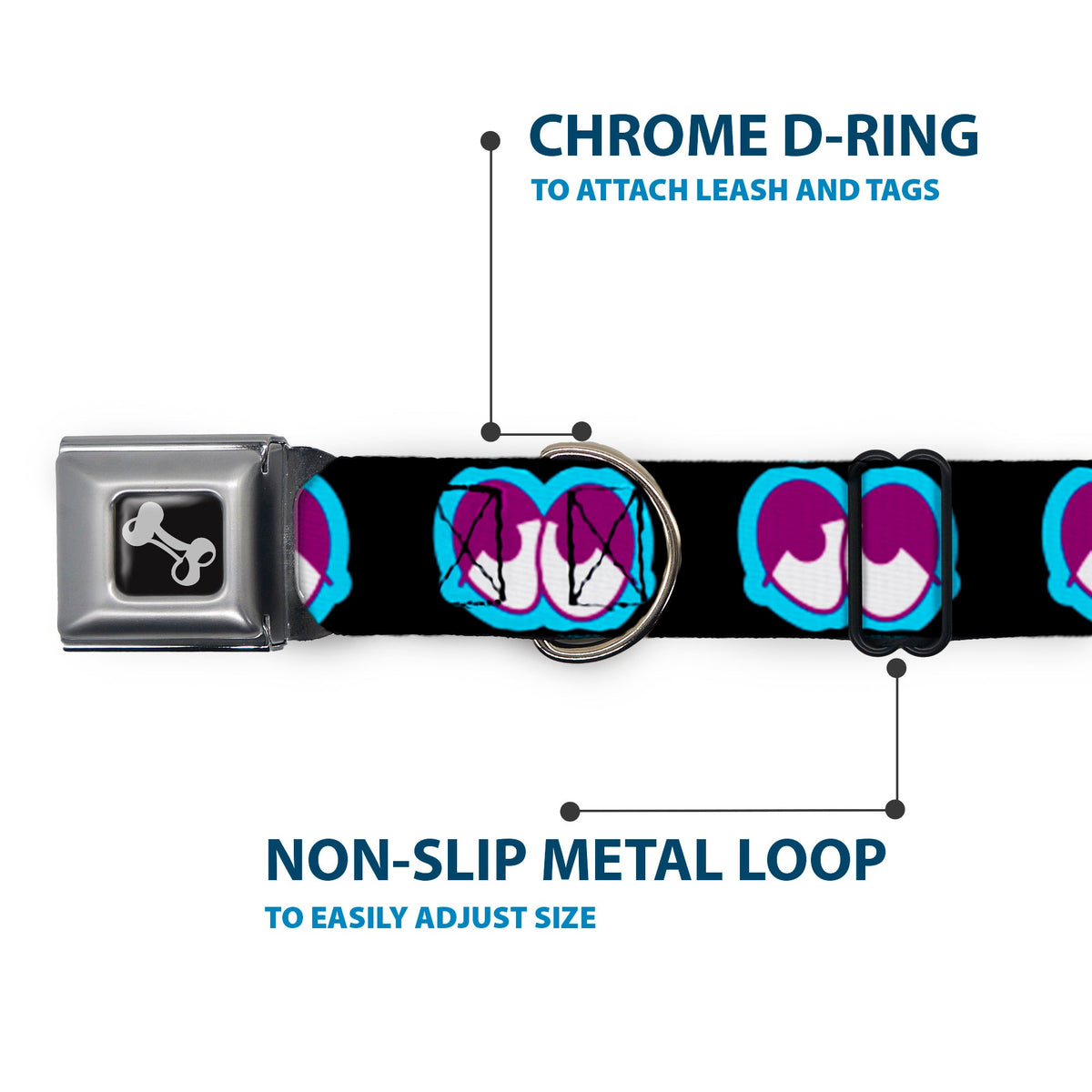 Dog Bone Seatbelt Buckle Collar - Dopey Eyes Black/Baby Blue/Purple