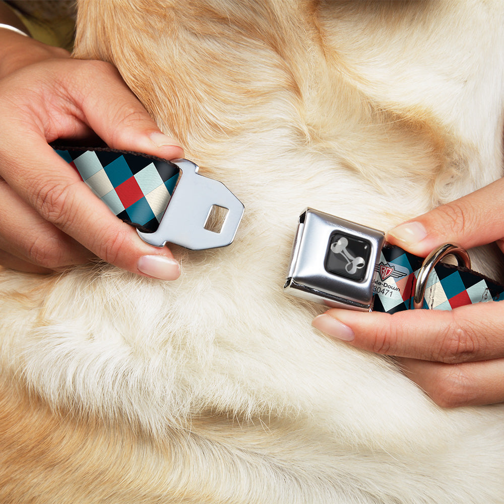 Dog Bone Seatbelt Buckle Collar - Diamond Plaid Blues/Khaki/Red