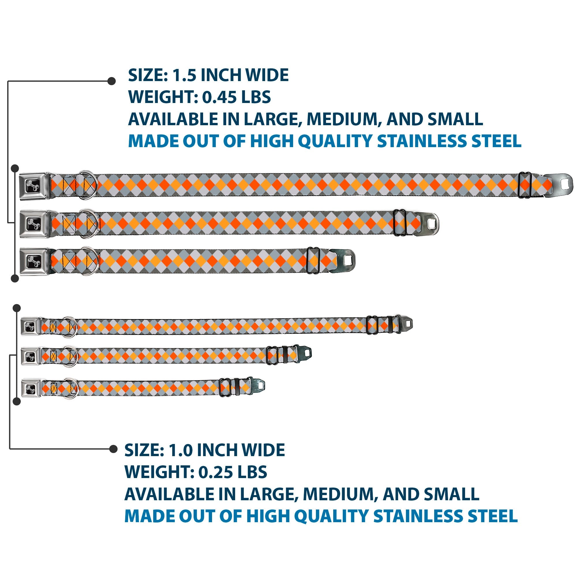 Dog Bone Seatbelt Buckle Collar - Diamond Plaid Grays/Orange