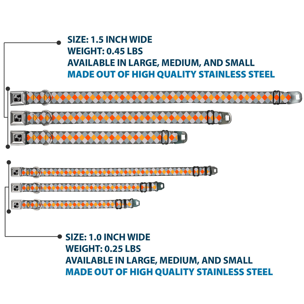 Dog Bone Seatbelt Buckle Collar - Diamond Plaid Grays/Orange