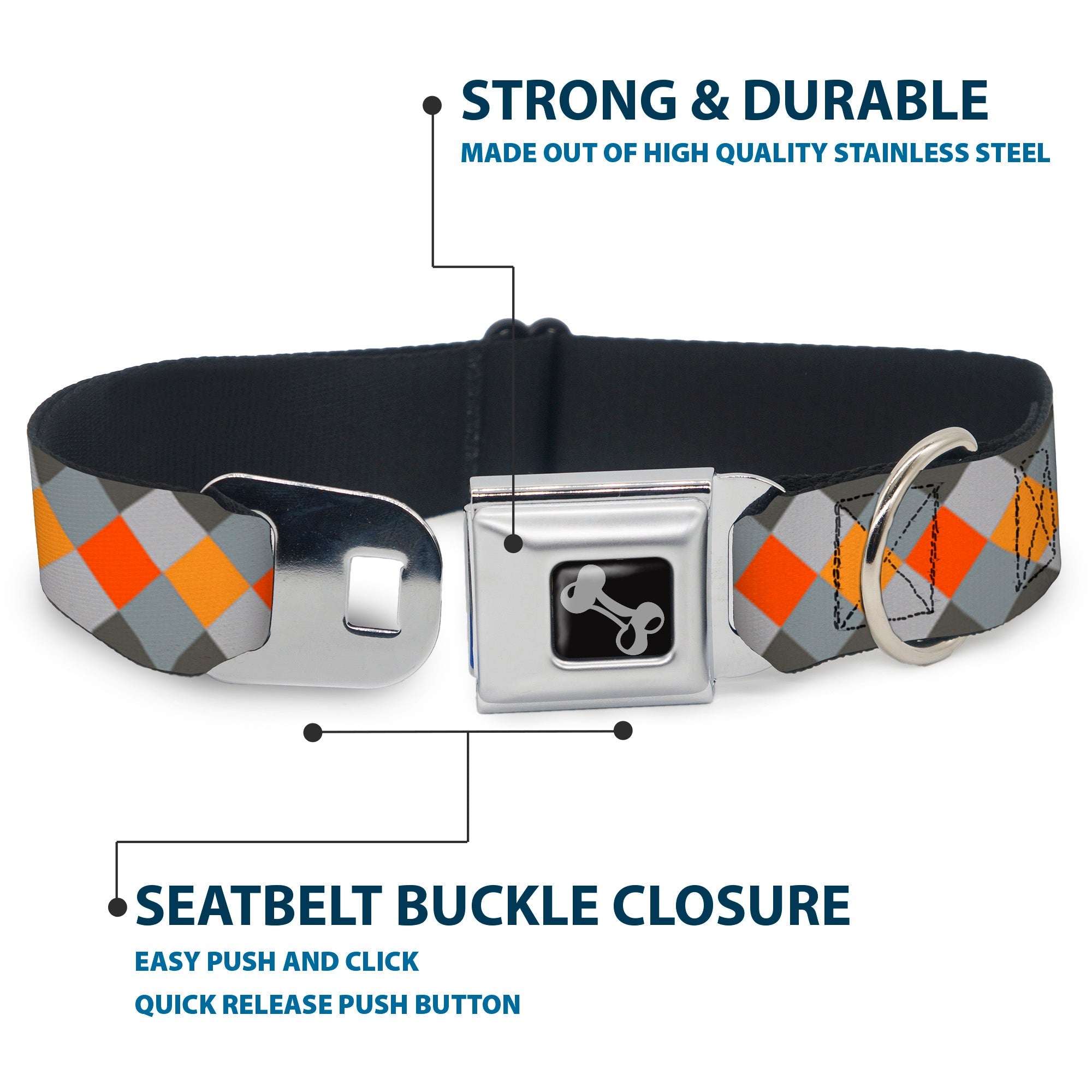Dog Bone Seatbelt Buckle Collar - Diamond Plaid Grays/Orange