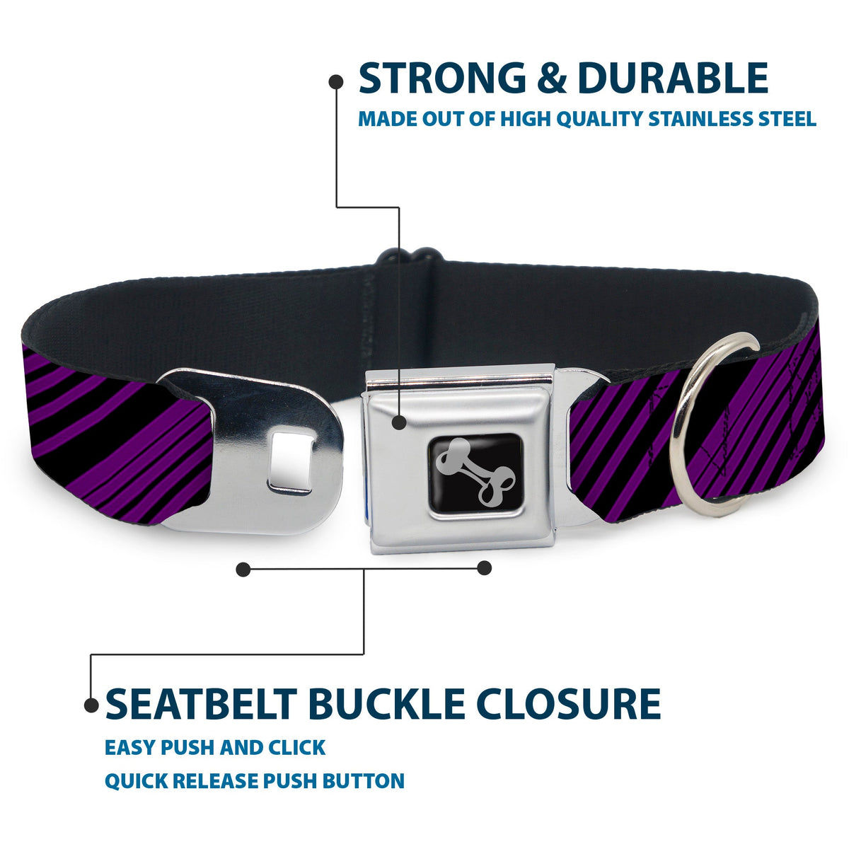 Dog Bone Seatbelt Buckle Collar - Diagonal Stripes Purples
