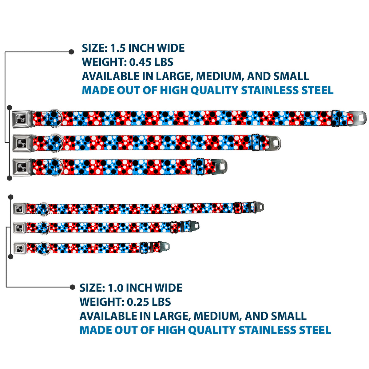Dog Bone Seatbelt Buckle Collar - Dot Blocks Blue/Red/Black/White