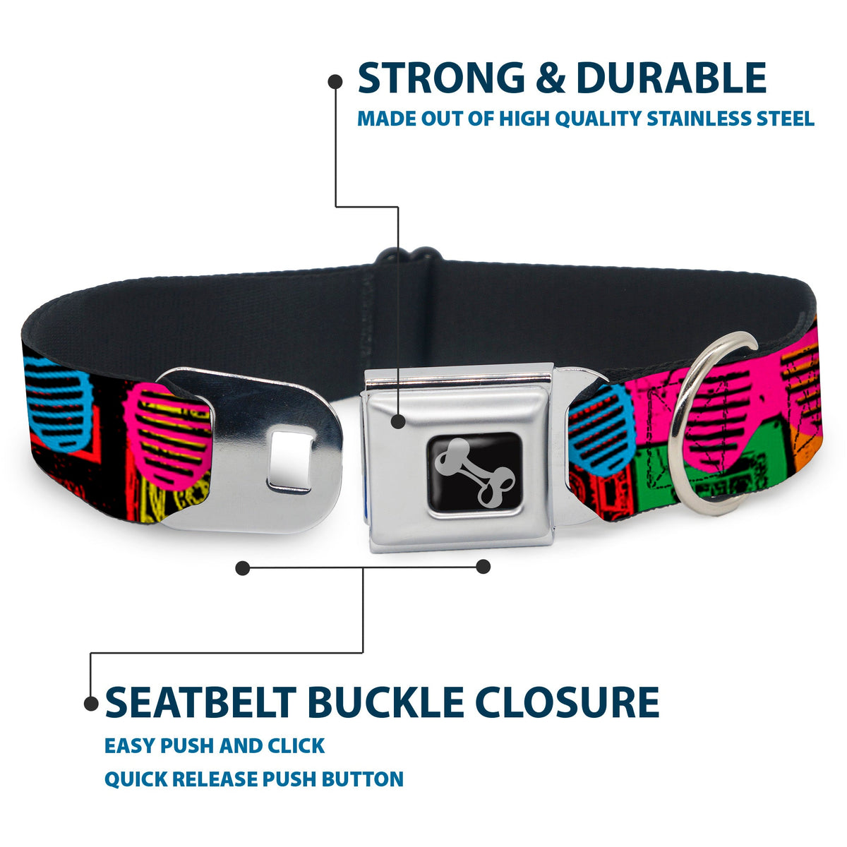 Dog Bone Seatbelt Buckle Collar - Eighties Shades Tapes Black/Neon
