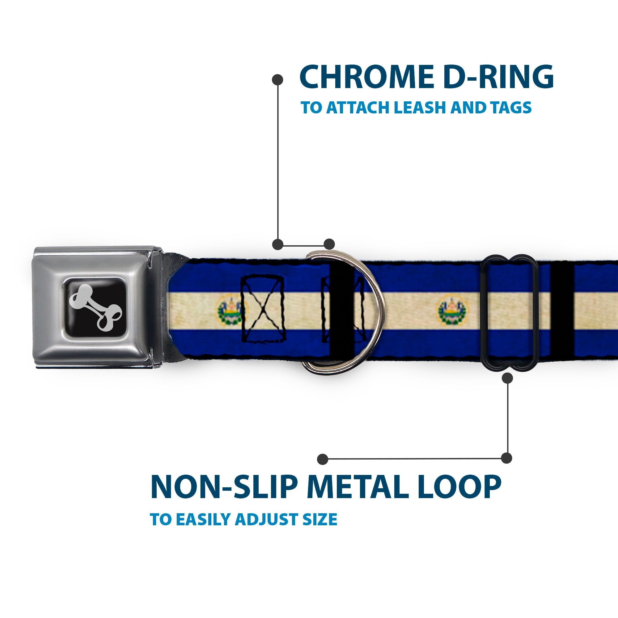 Dog Bone Seatbelt Buckle Collar - El Salvador Flag/Black