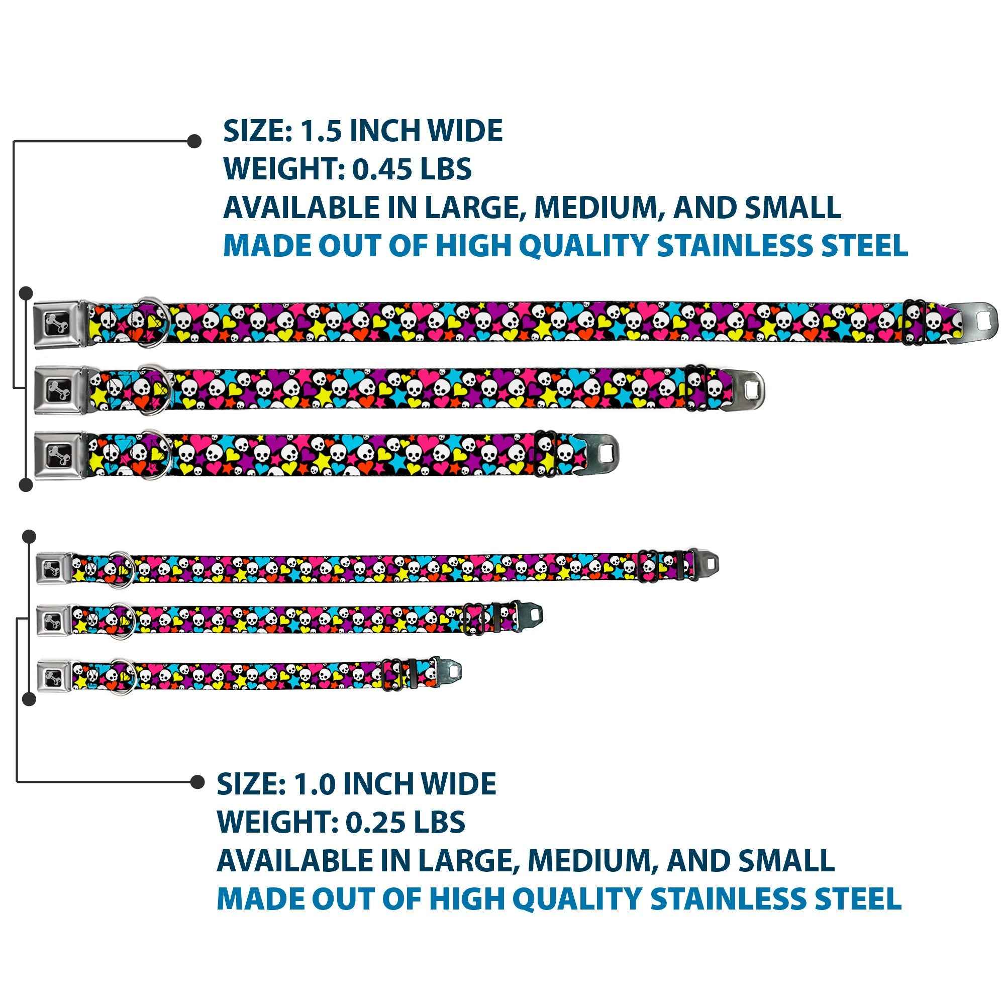 Buckle-Down Funky Skulls Hearts & Stars Black/Multicolor Seatbelt Buckle Dog Collar