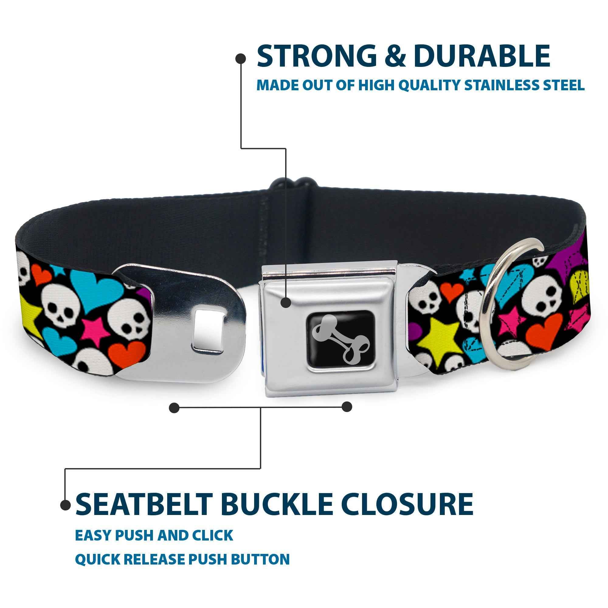 Buckle-Down Funky Skulls Hearts & Stars Black/Multicolor Seatbelt Buckle Dog Collar