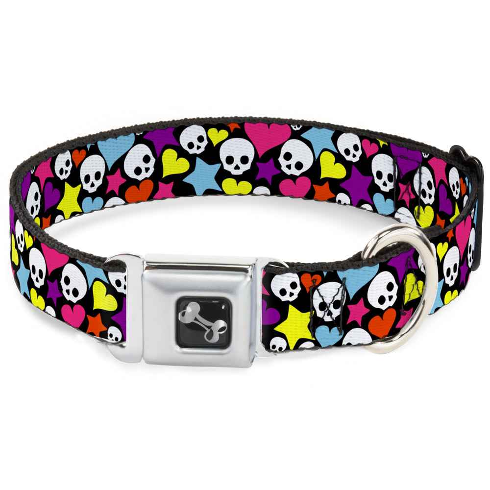 Buckle-Down Funky Skulls Hearts & Stars Black/Multicolor Seatbelt Buckle Dog Collar