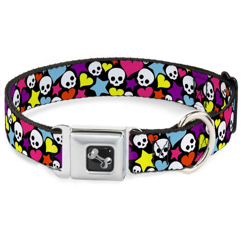 Buckle-Down Funky Skulls Hearts & Stars Black/Multicolor Seatbelt Buckle Dog Collar