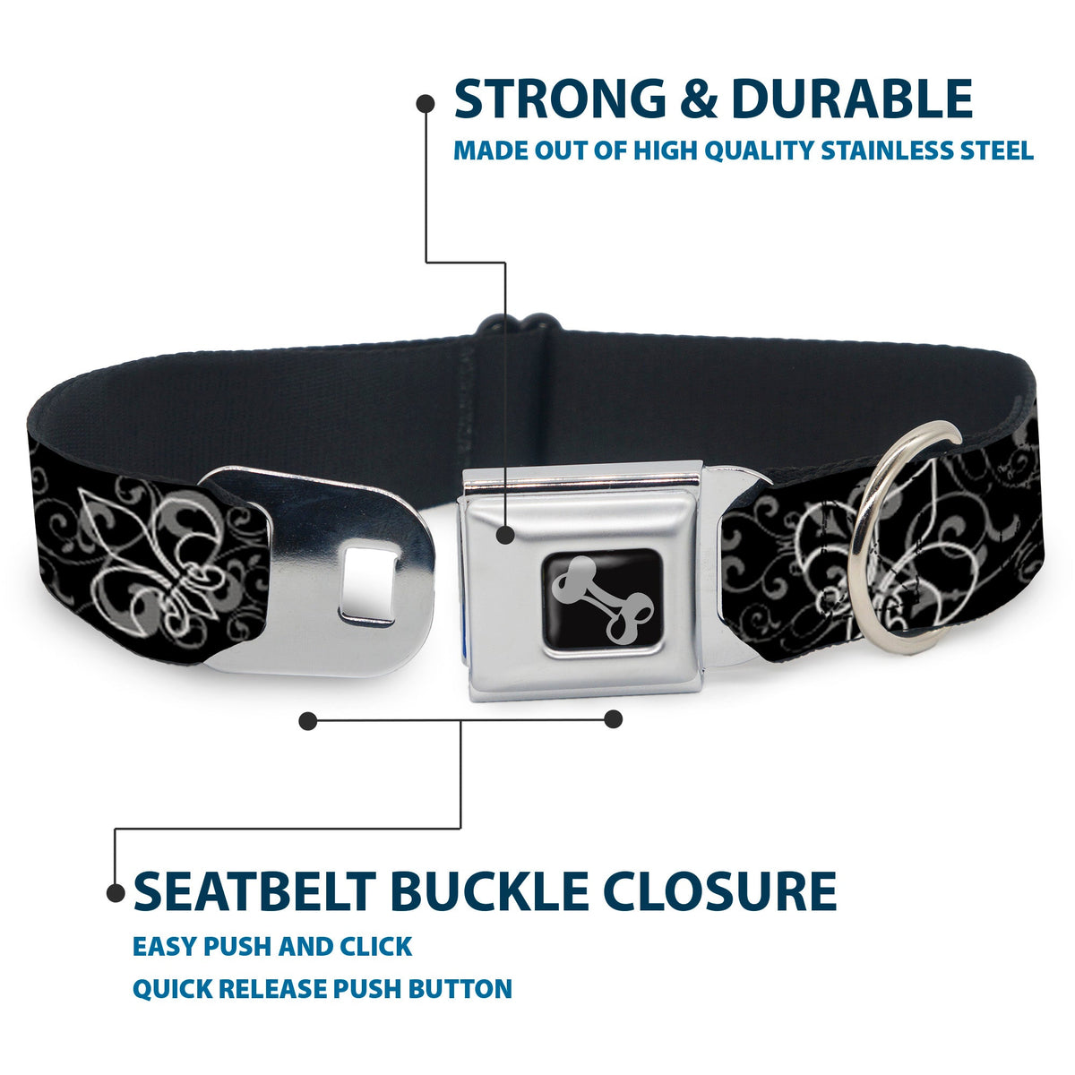 Dog Bone Seatbelt Buckle Collar - Fleur-de-Lis Outline w/Filigree Black/Gray