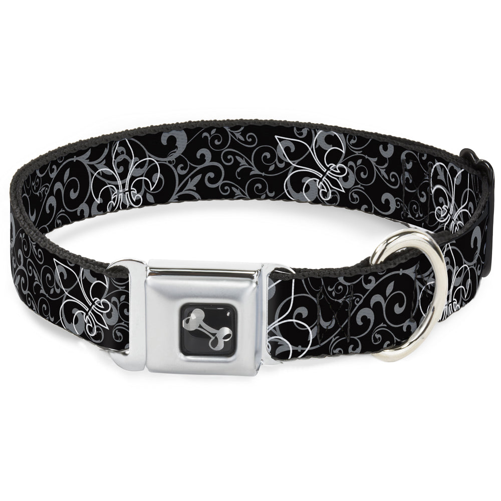 Dog Bone Seatbelt Buckle Collar - Fleur-de-Lis Outline w/Filigree Black/Gray