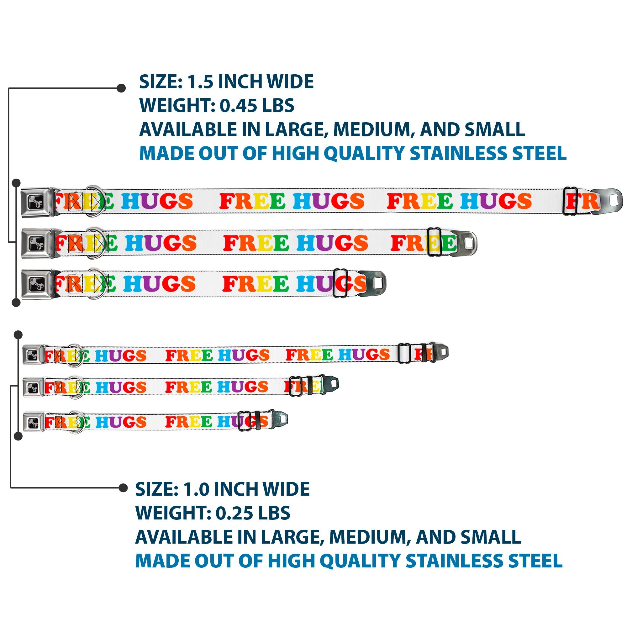 Dog Bone Seatbelt Buckle Collar - FREE HUGS White/Multi Color