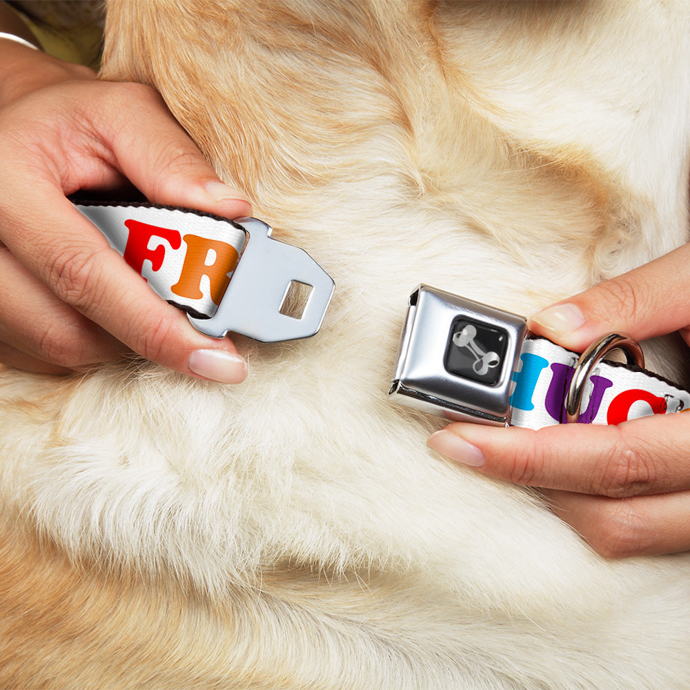 Dog Bone Seatbelt Buckle Collar - FREE HUGS White/Multi Color