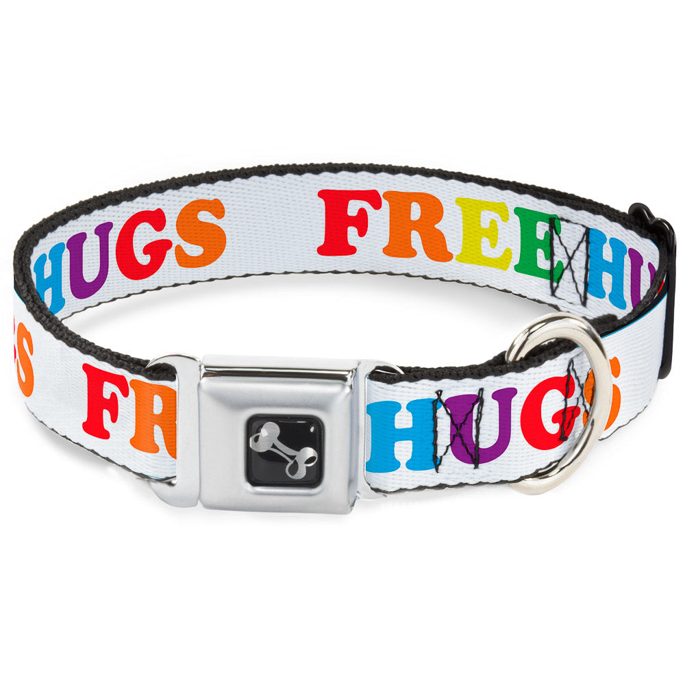 Dog Bone Seatbelt Buckle Collar - FREE HUGS White/Multi Color