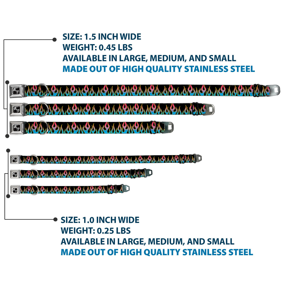 Dog Bone Seatbelt Buckle Collar - Flames Black/Blue/Pink