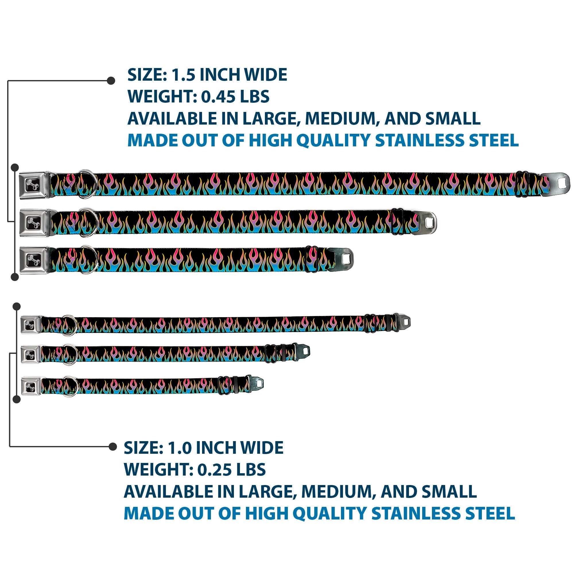 Dog Bone Seatbelt Buckle Collar - Flames Black/Blue/Pink