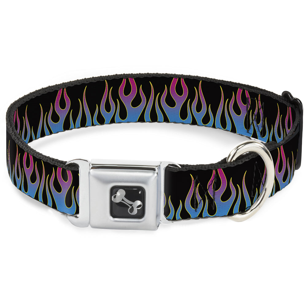Dog Bone Seatbelt Buckle Collar - Flames Black/Blue/Pink