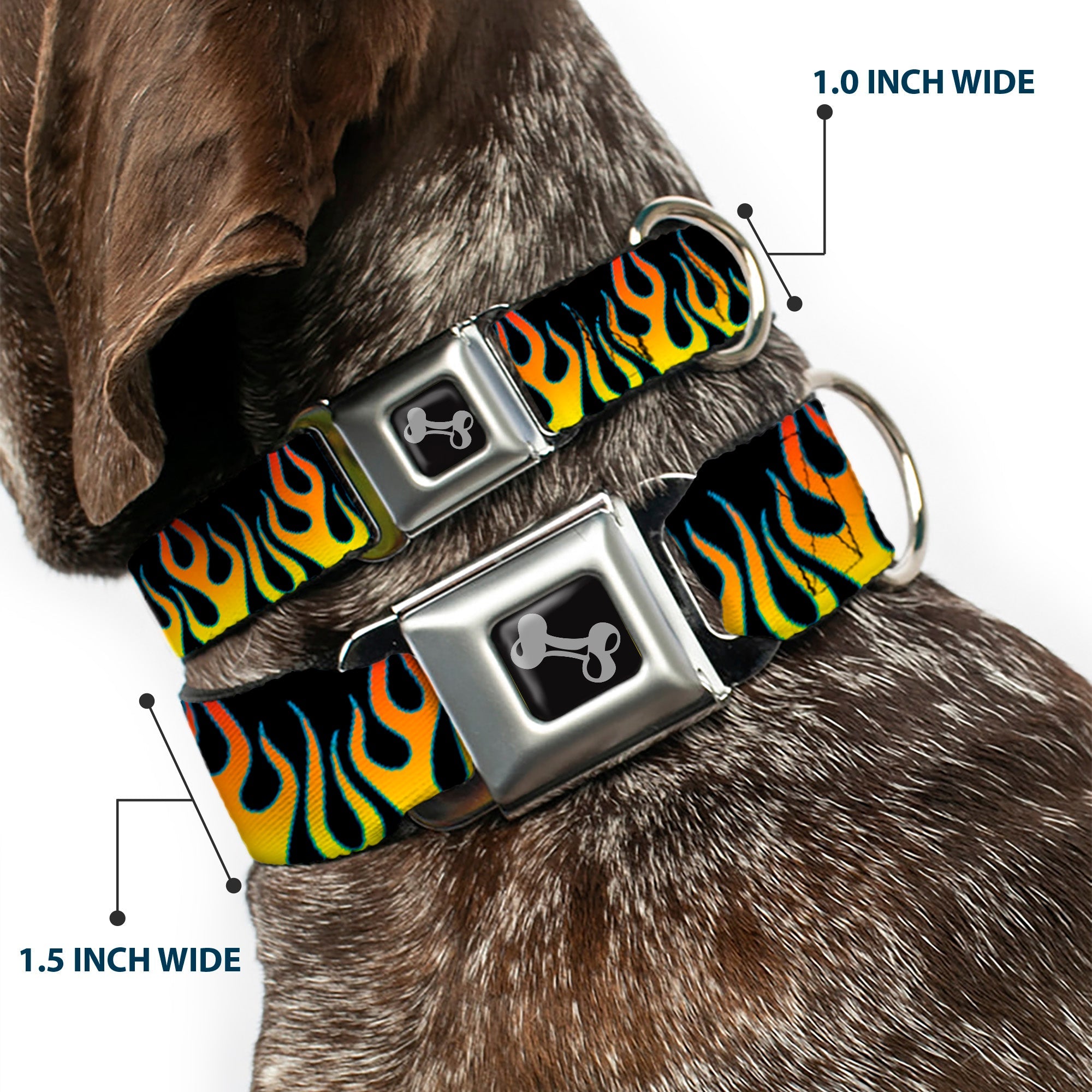 Dog Bone Seatbelt Buckle Collar - Flames Black/Yellow/Orange
