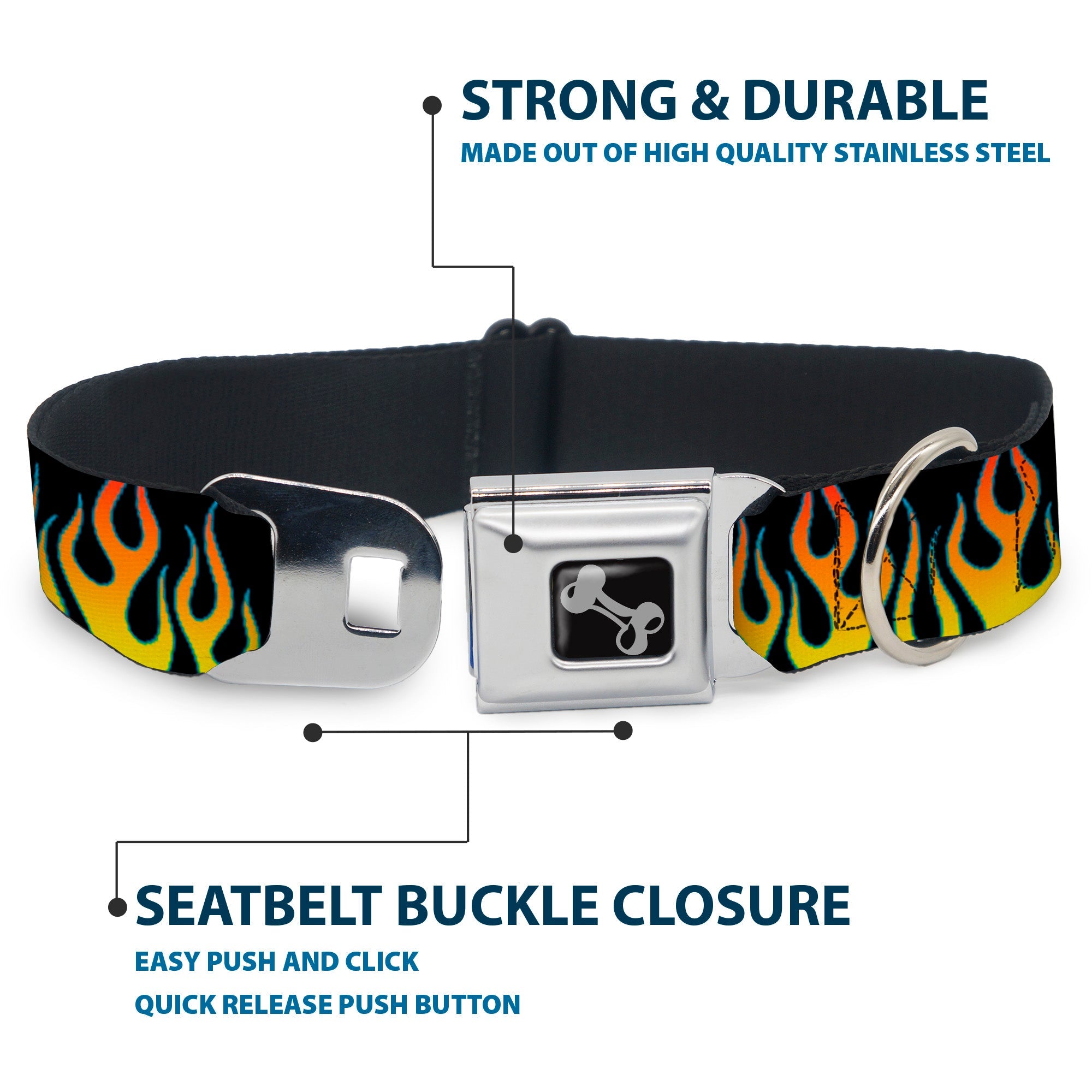 Dog Bone Seatbelt Buckle Collar - Flames Black/Yellow/Orange
