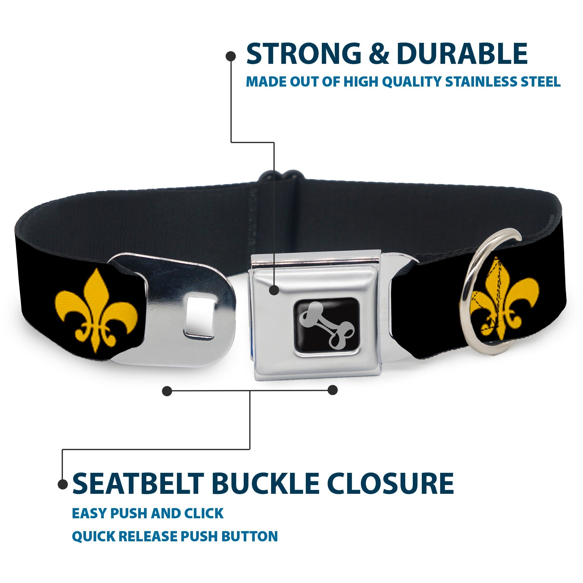 Dog Bone Seatbelt Buckle Collar - Fleur-de-Lis Black/Yellow
